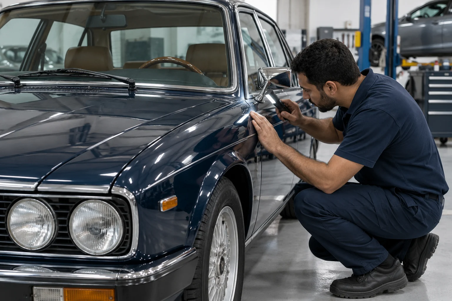 Technician examining a dark car's front wing with a handheld light