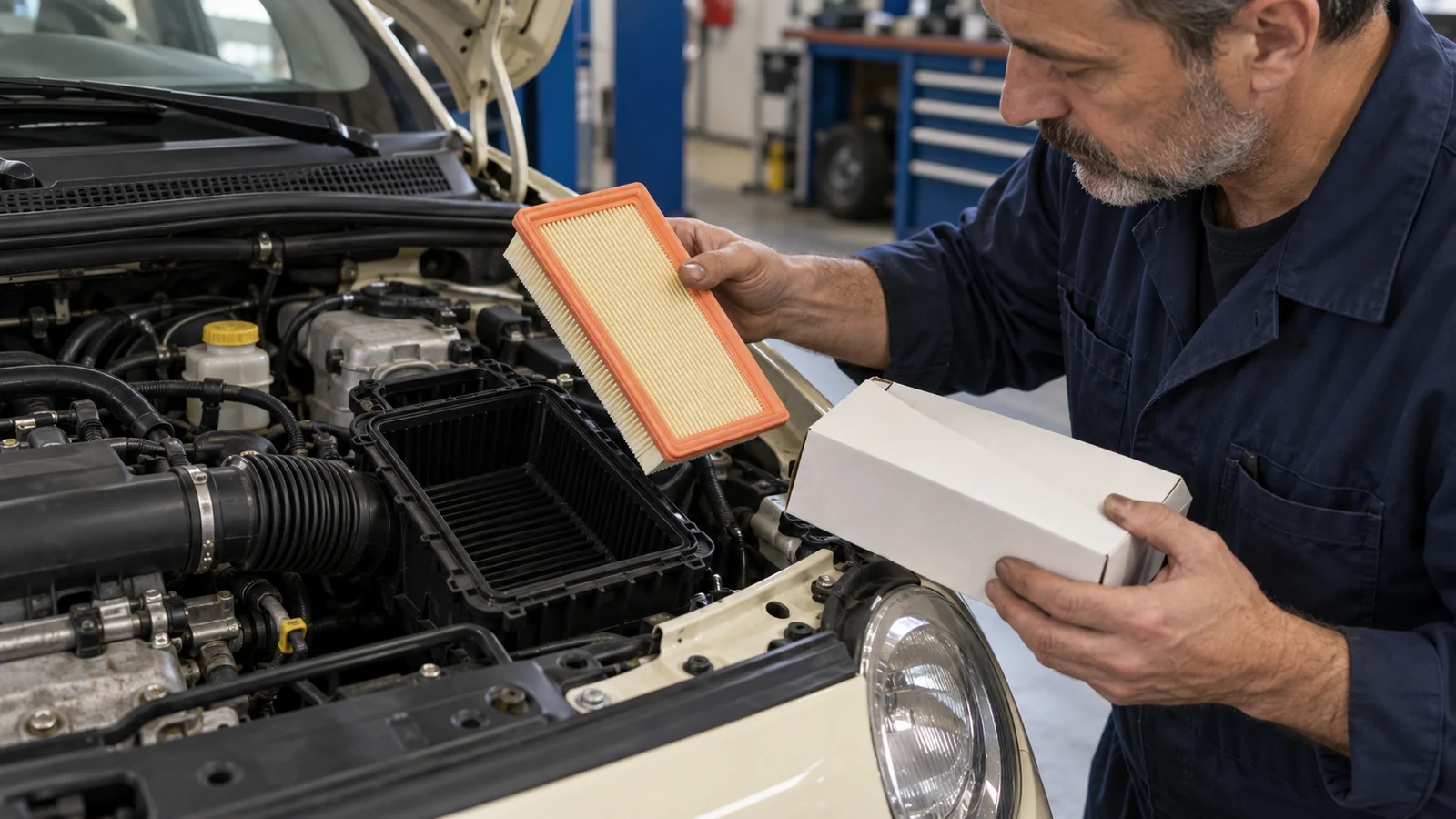 Technician comparing a replacement engine air filter with an open air-filter housing