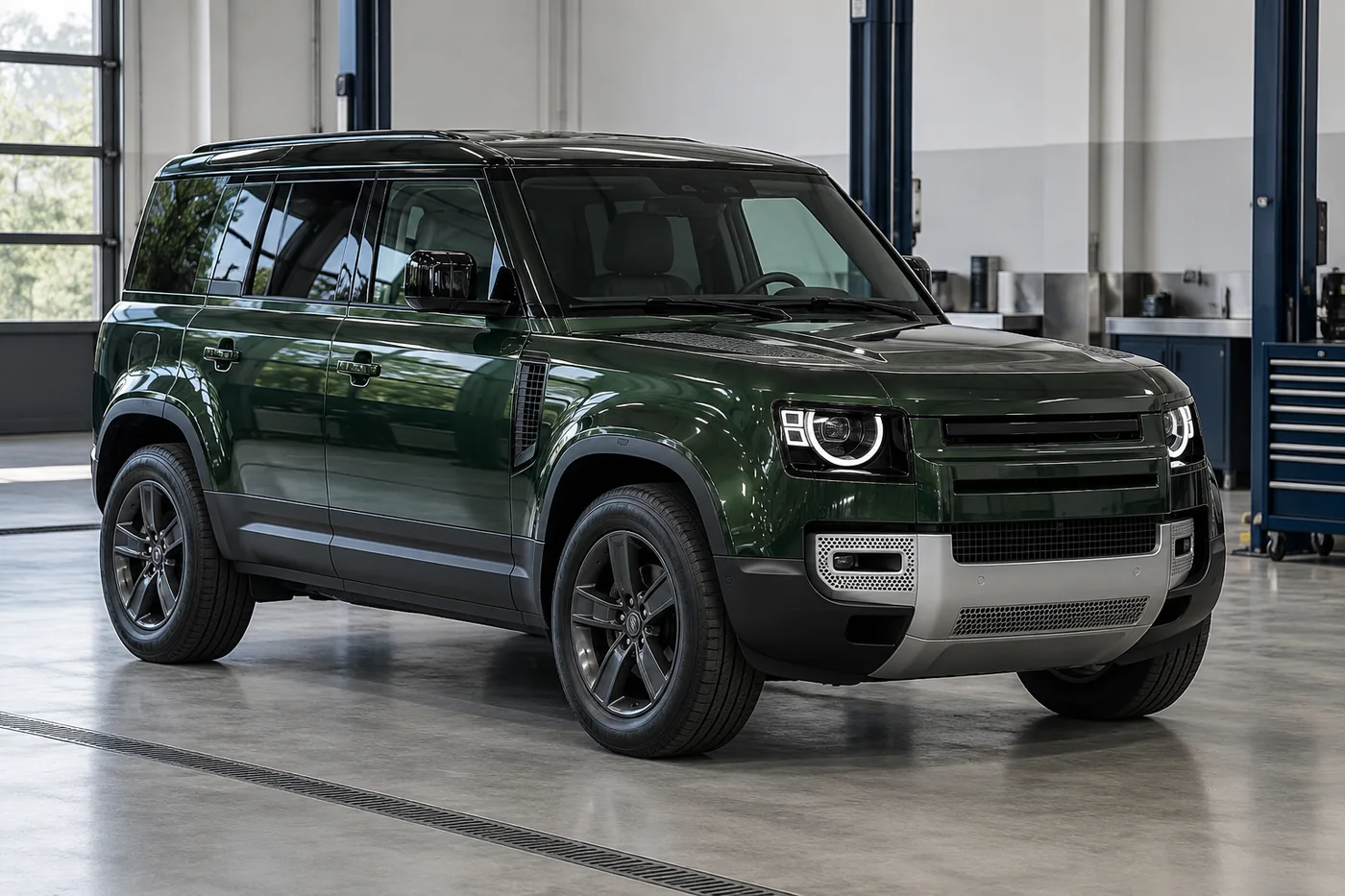 Dark green five-door SUV in a clean workshop