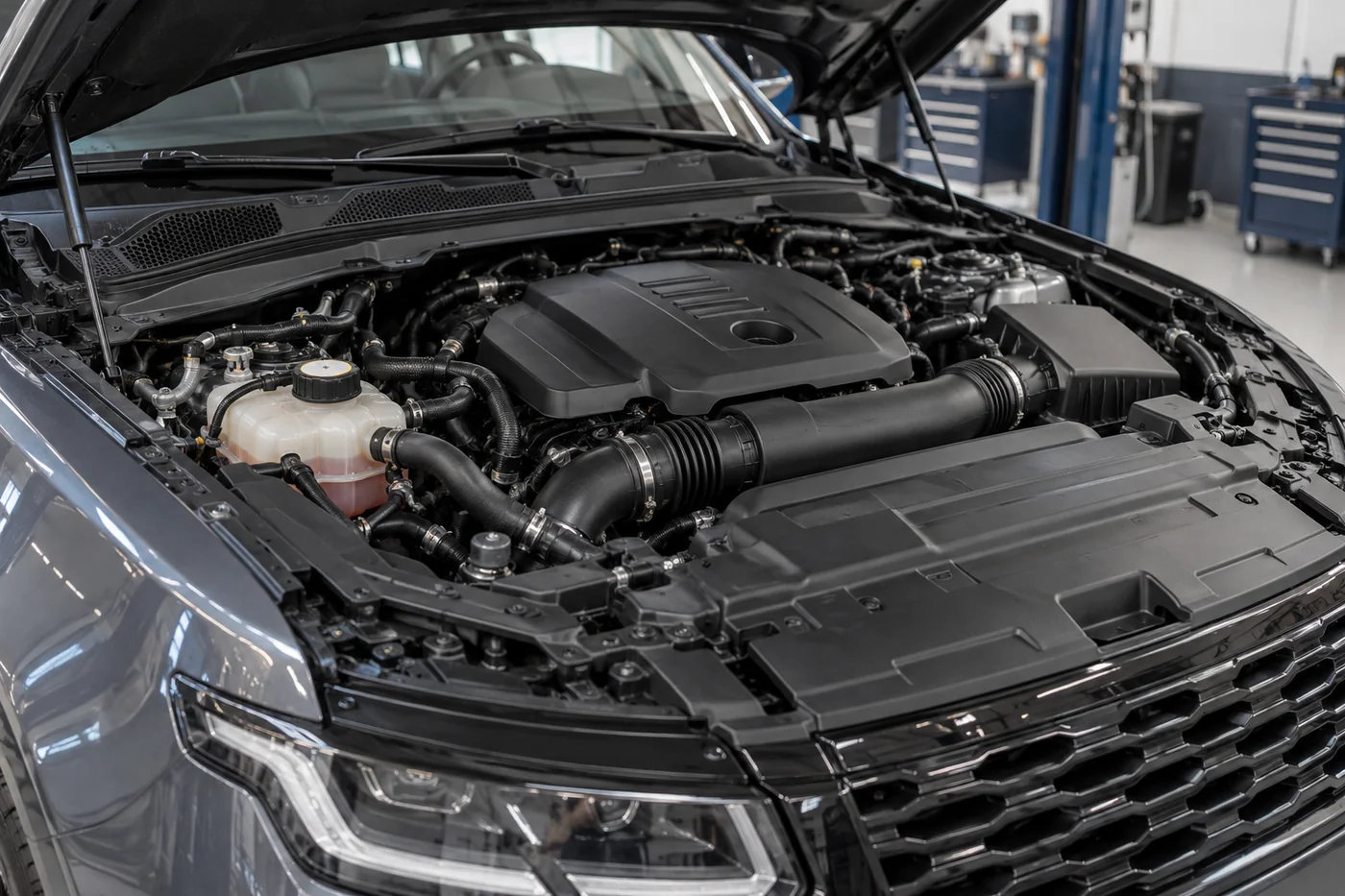 Open SUV engine bay with coolant reservoir and hoses