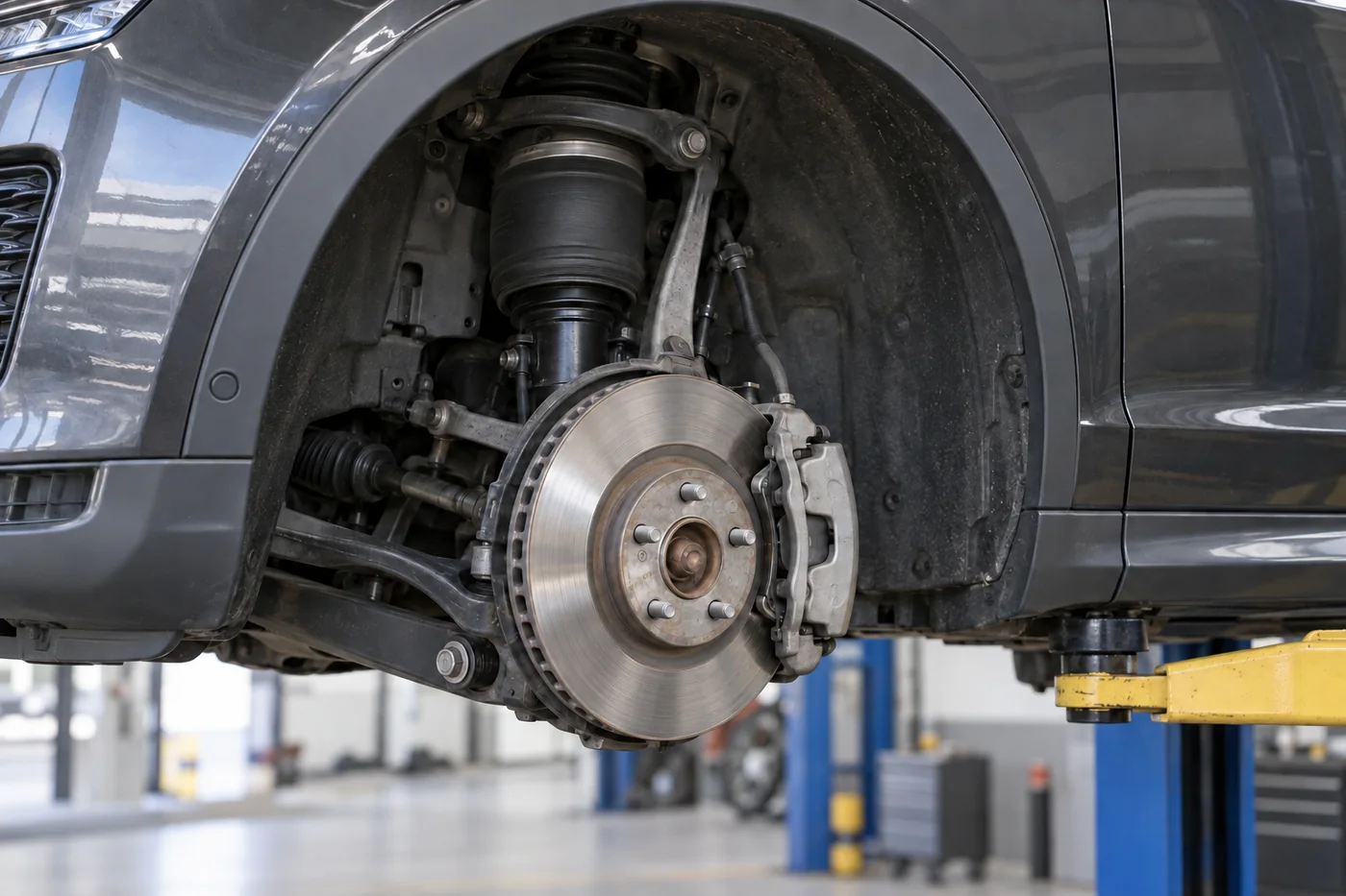SUV air spring, suspension and brake assembly with the wheel removed