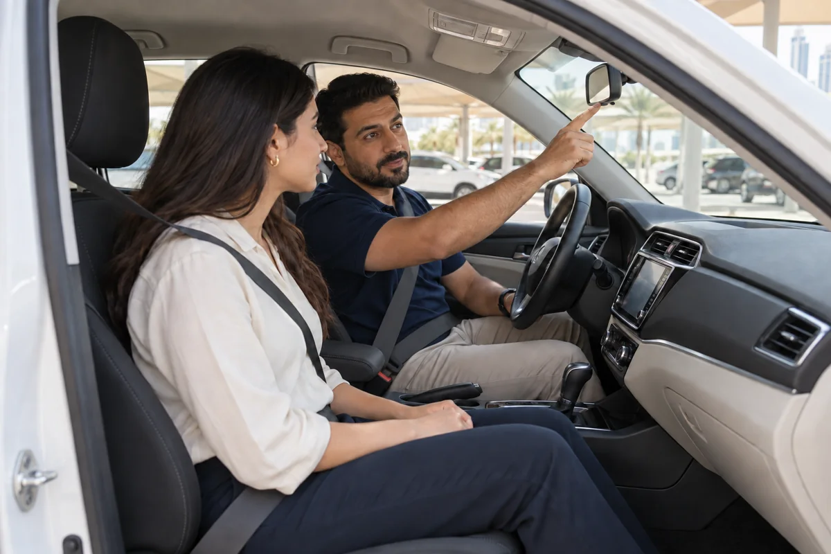 Seat-belted learner and instructor discussing the rear-view mirror in a parked car
