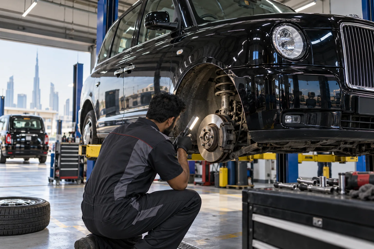 Mechanic inspecting front brake and suspension on a black taxi