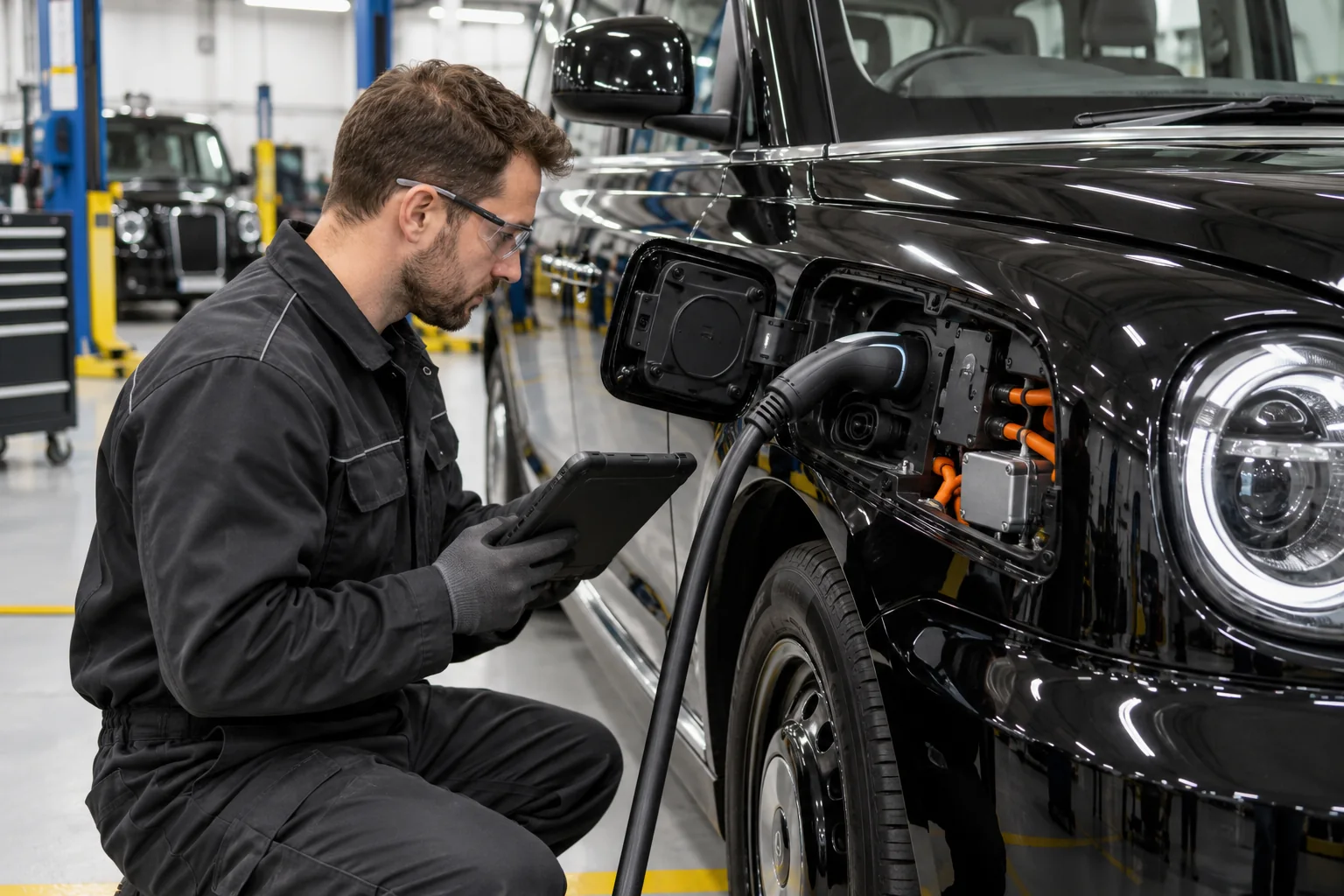 Technician assessing the charge inlet of a London-style electric taxi