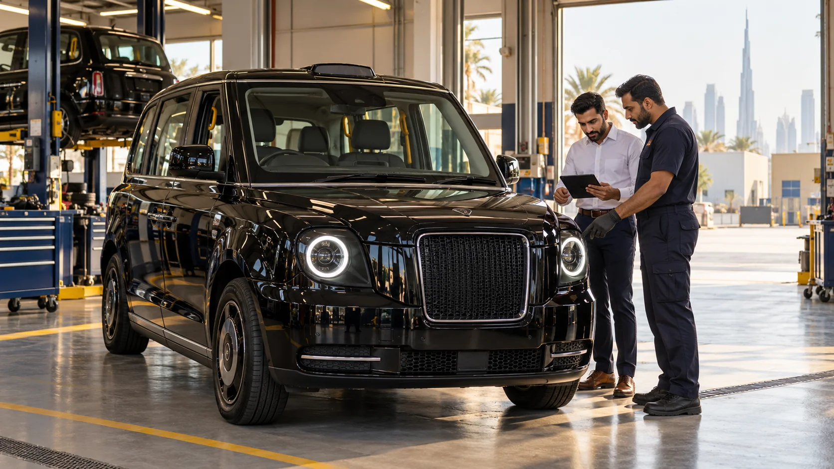 Black London-style electric taxi discussed by a technician in a Dubai workshop