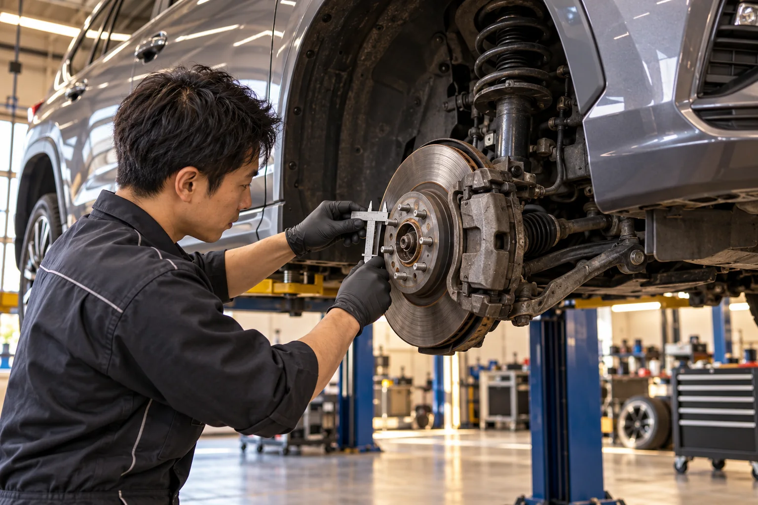 Technician measuring brake and suspension hardware on a premium SUV