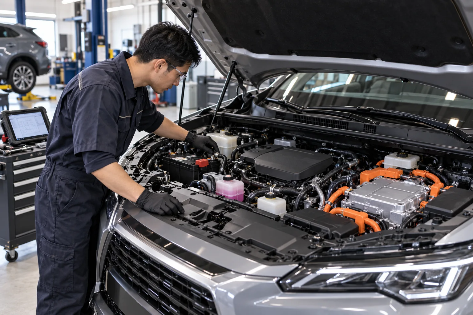 Technician inspecting accessible components in a hybrid SUV engine bay