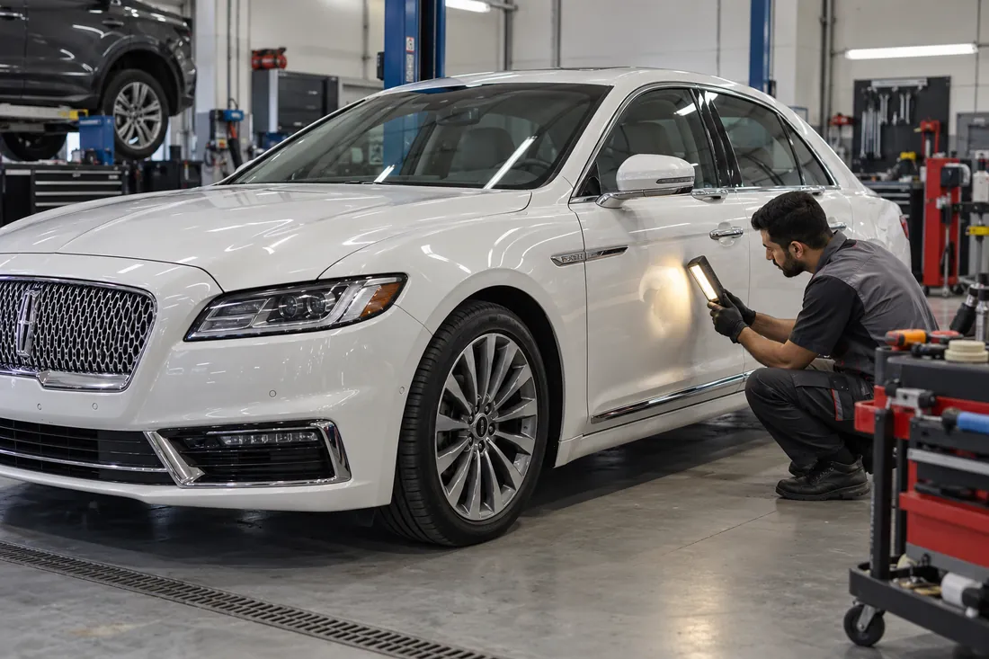 Technician examining a Lincoln sedan door and paint finish in a body repair bay