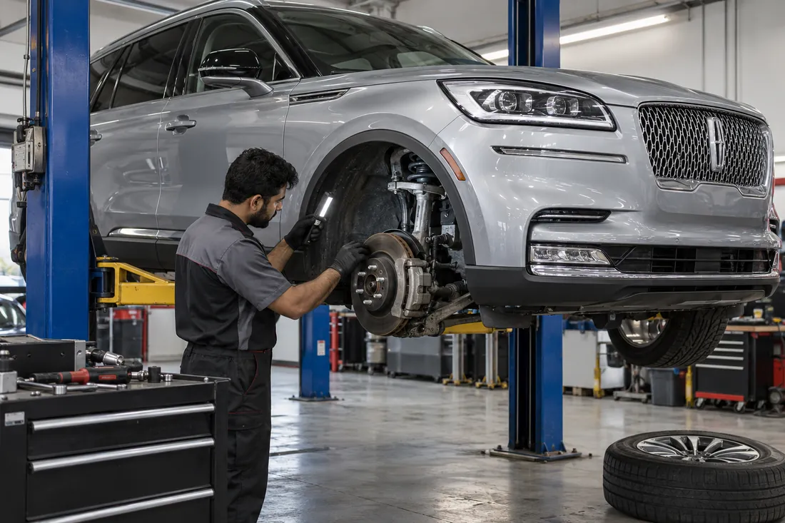 Mechanic inspecting a Lincoln SUV brake and suspension assembly on a workshop lift