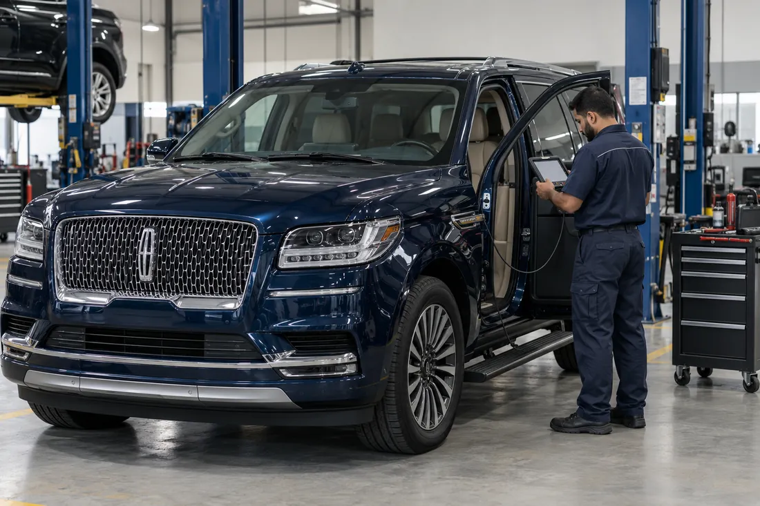 Technician carrying out cabin-connected diagnostic checks on a Lincoln SUV