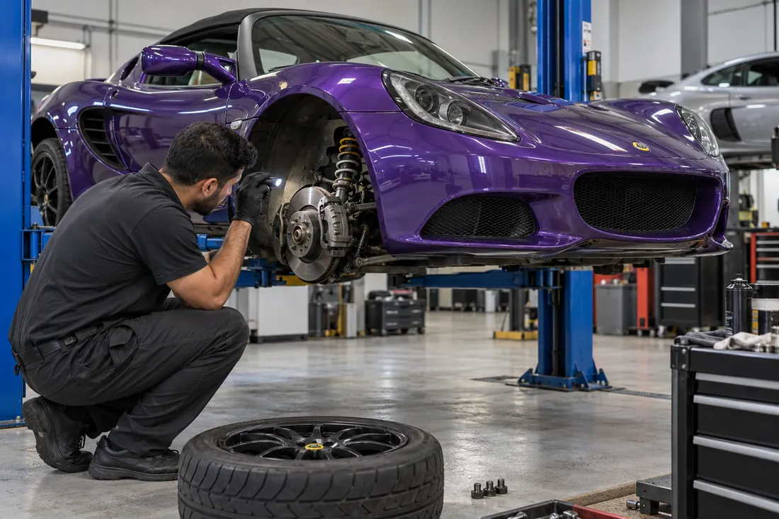 Mechanic inspecting the exposed front brake and suspension of a Lotus sports car