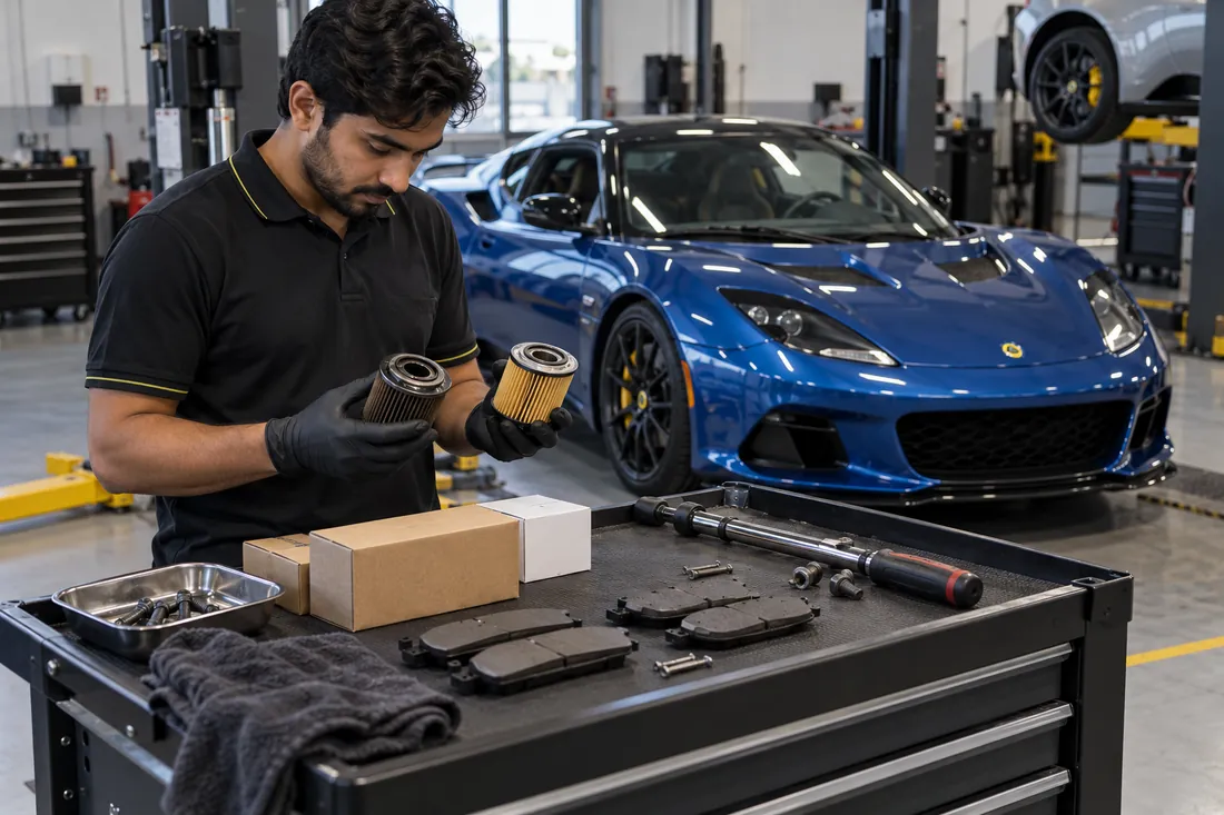 Mechanic comparing replacement filters and brake pads beside a Lotus sports car