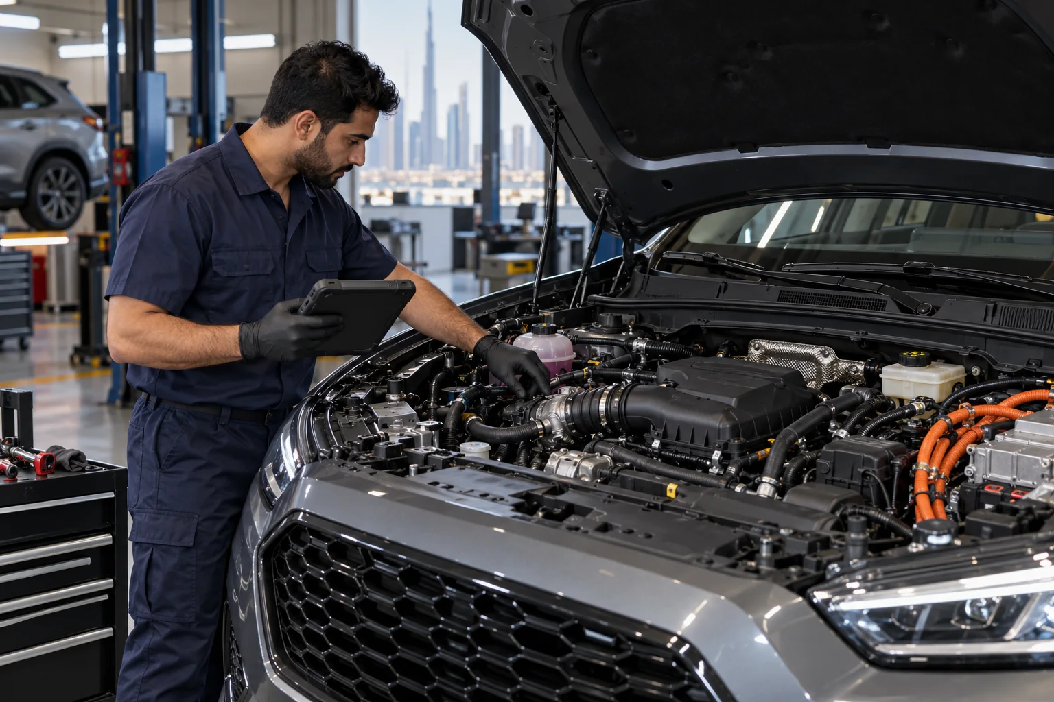 Technician reviewing a tablet beside an open vehicle engine bay