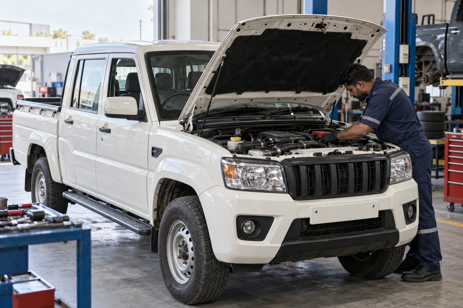 Technician checking a white Mahindra pickup engine in a workshop
