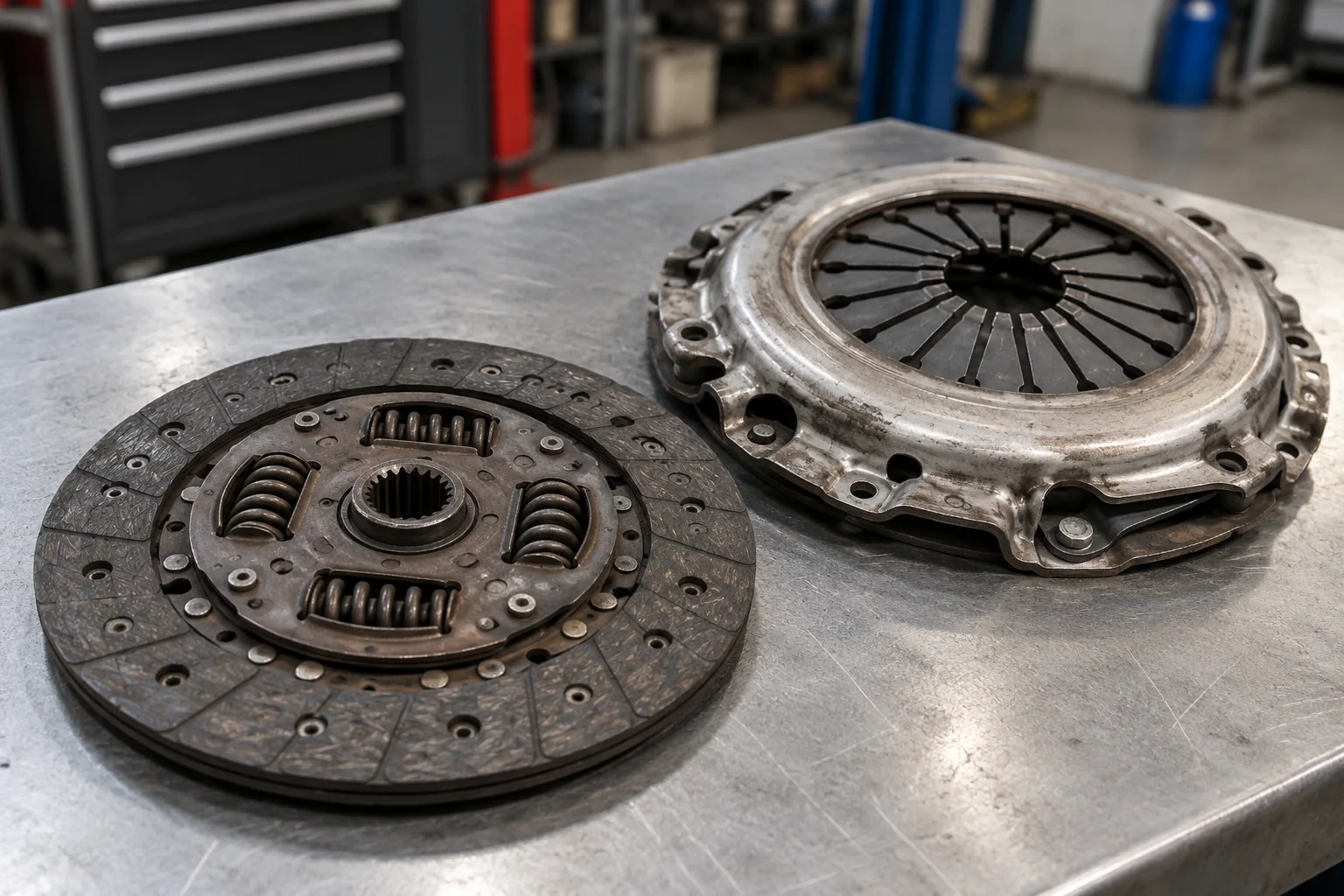 Manual clutch disc and pressure plate laid out for inspection