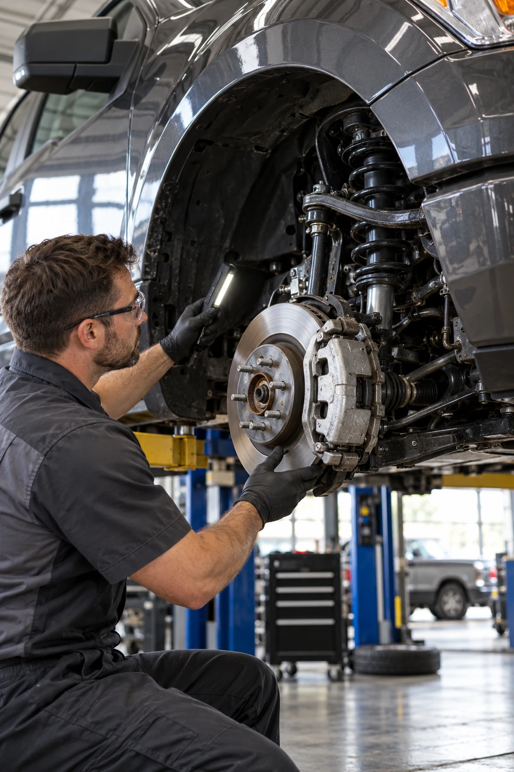 Mechanic inspecting a pickup brake disc and suspension with the wheel removed