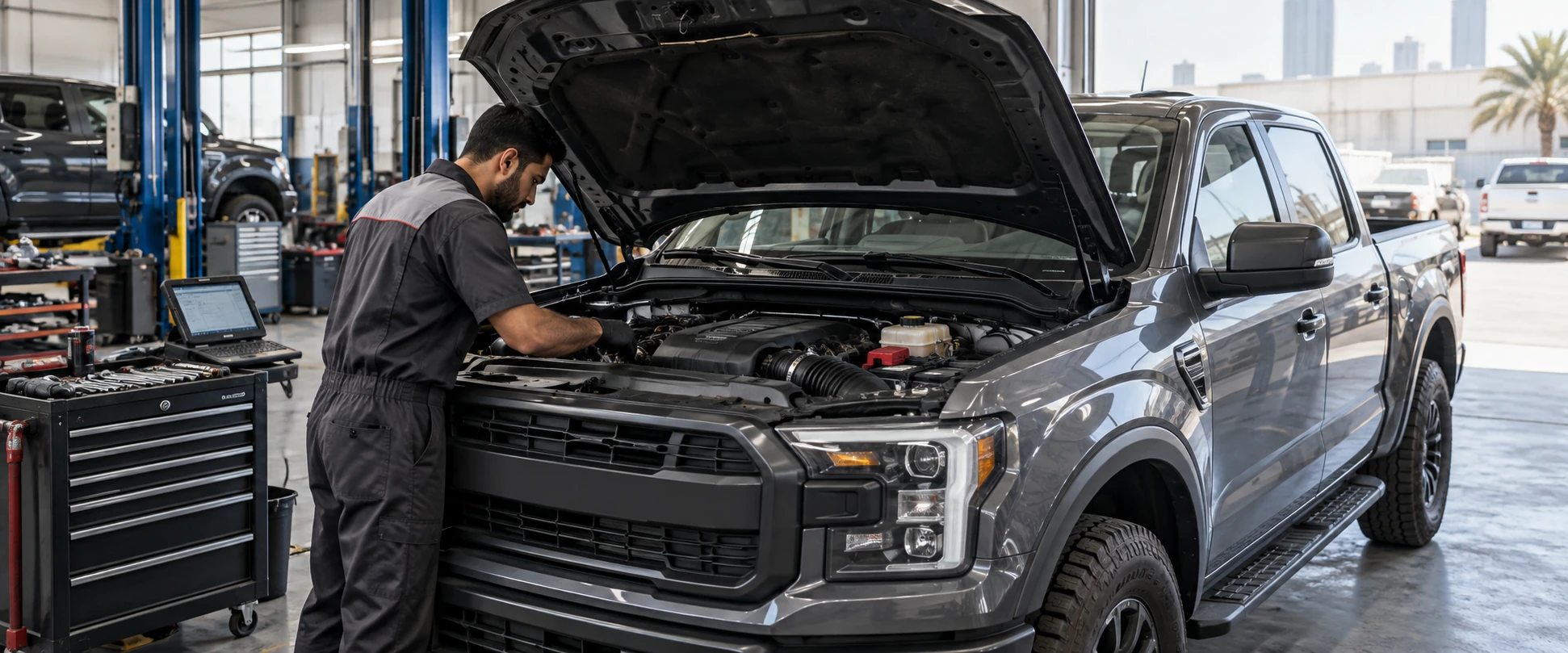 Ford pickup undergoing an engine inspection in a workshop