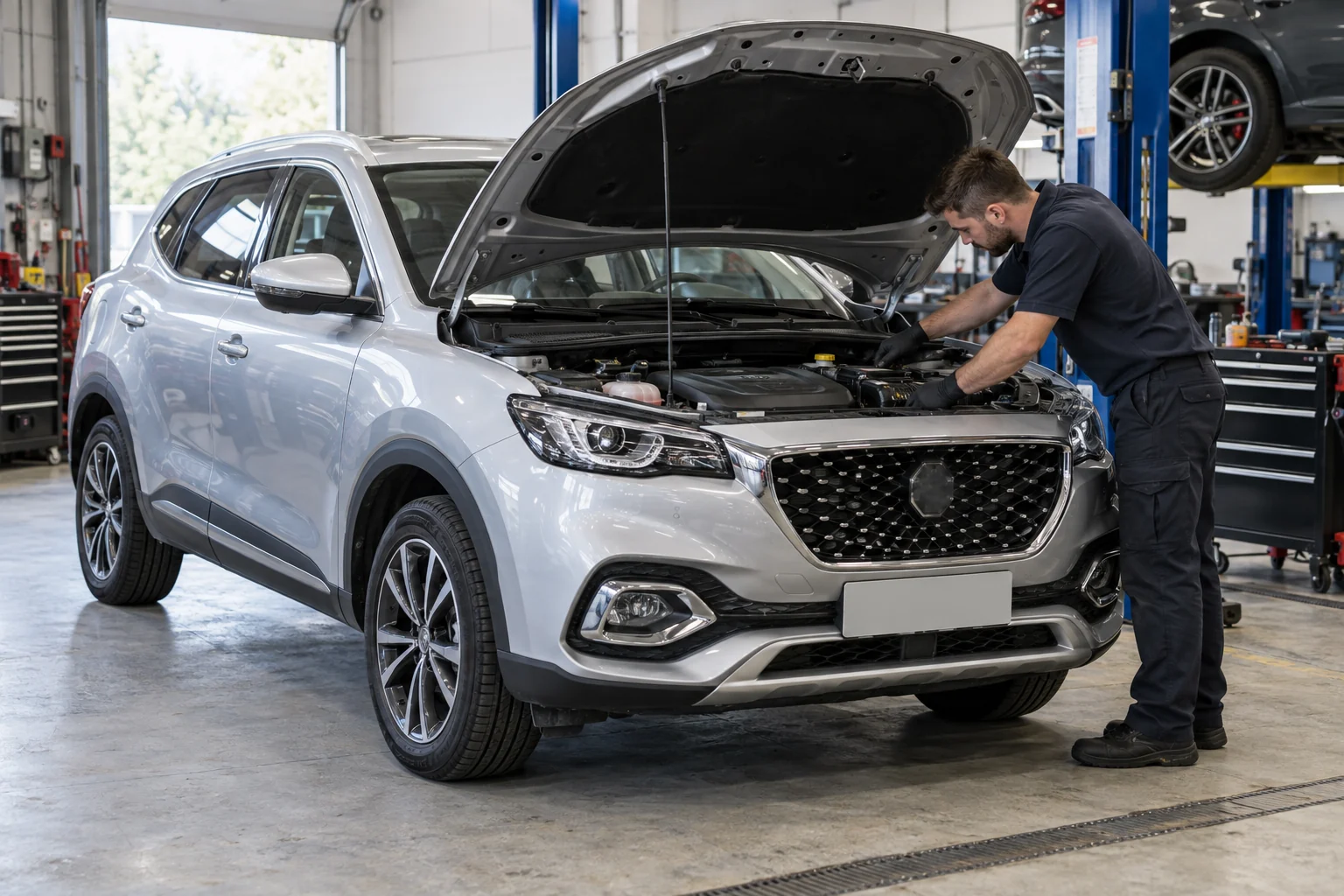 Silver MG HS-style SUV undergoing an engine inspection in a workshop