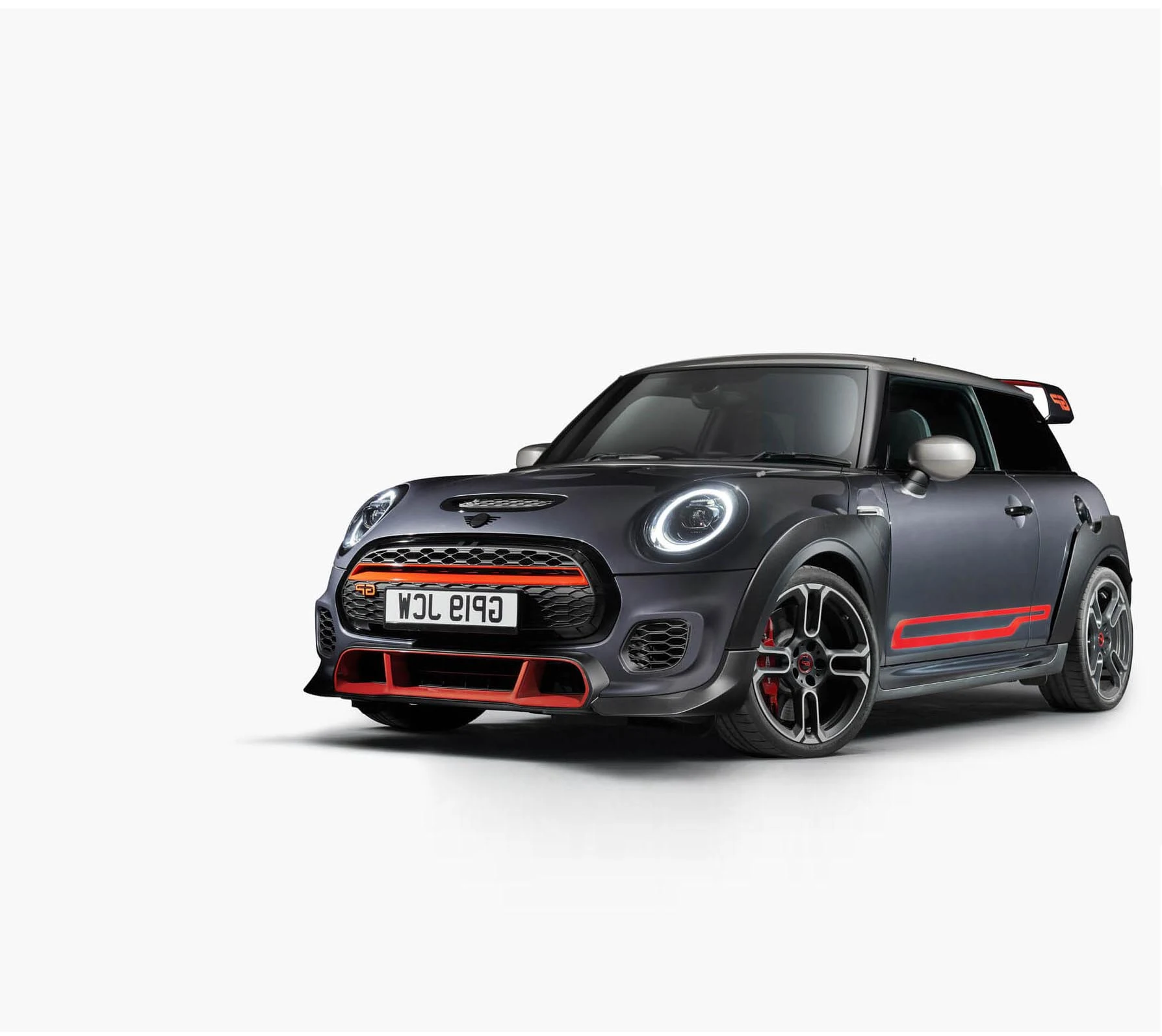 Grey MINI John Cooper Works GP viewed from the front and side