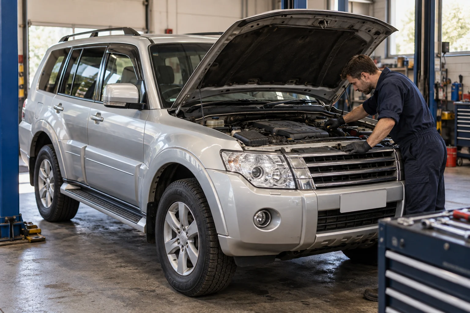 Silver Pajero-style SUV with its bonnet open in a workshop