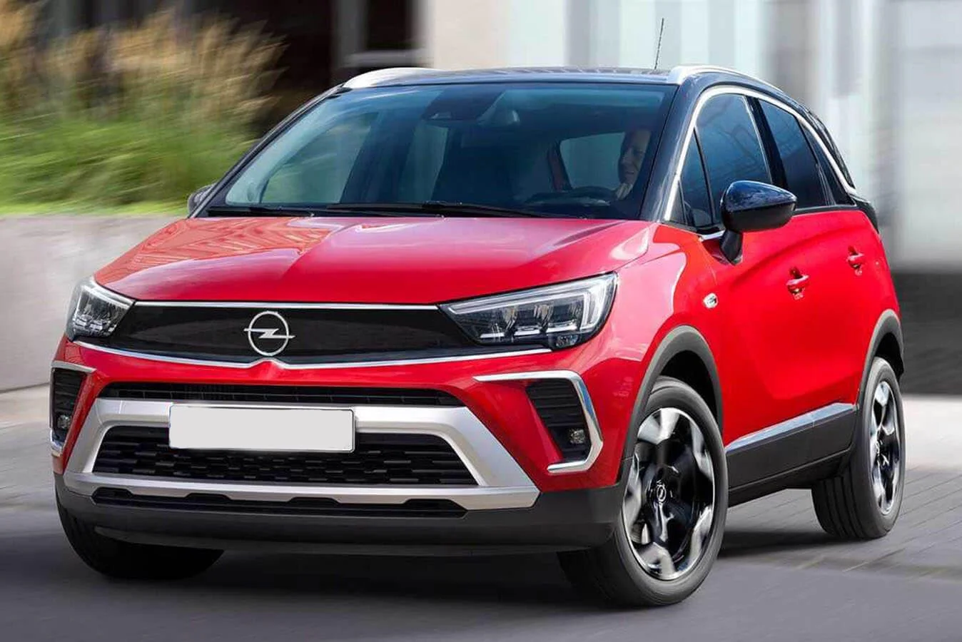 Red Opel Crossland viewed from the front and side