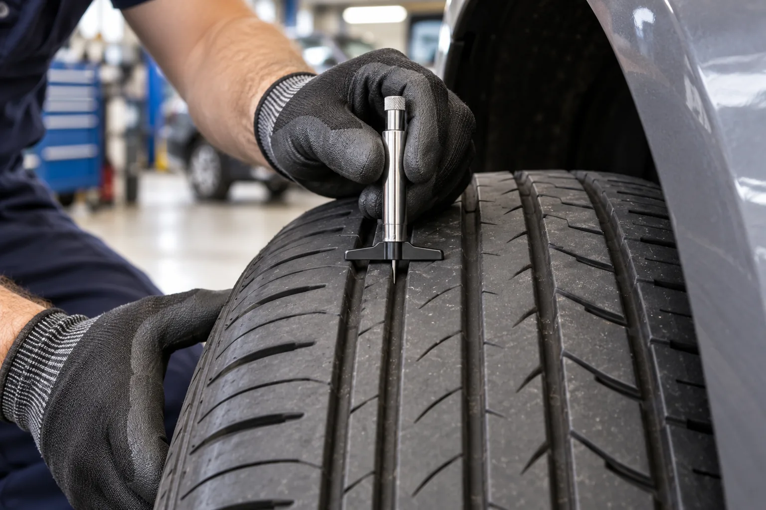 Technician measuring a main tread groove with a tread depth gauge