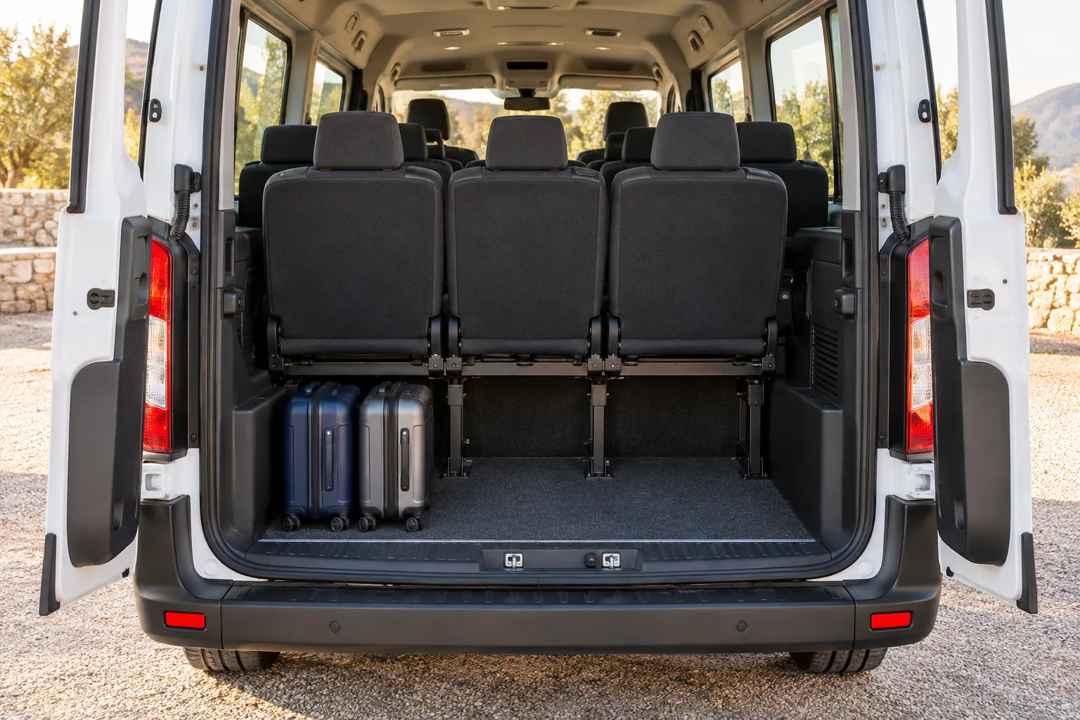 Two small suitcases behind the upright rear seats of a passenger van