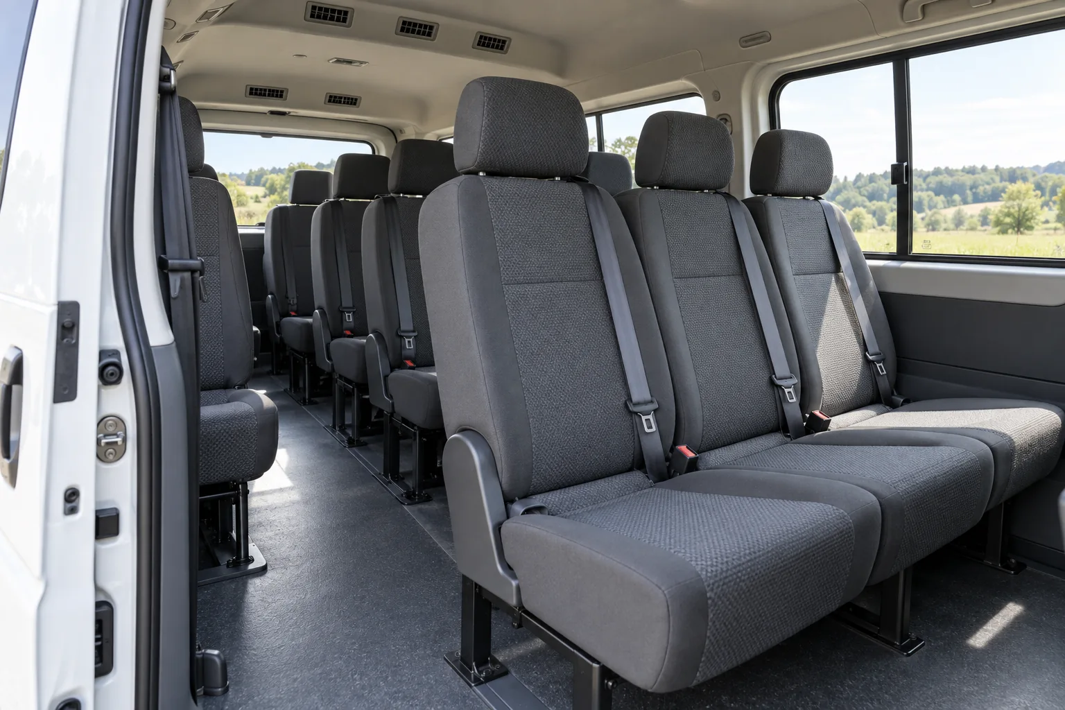 Forward-facing passenger seats with belts beside a clear van aisle