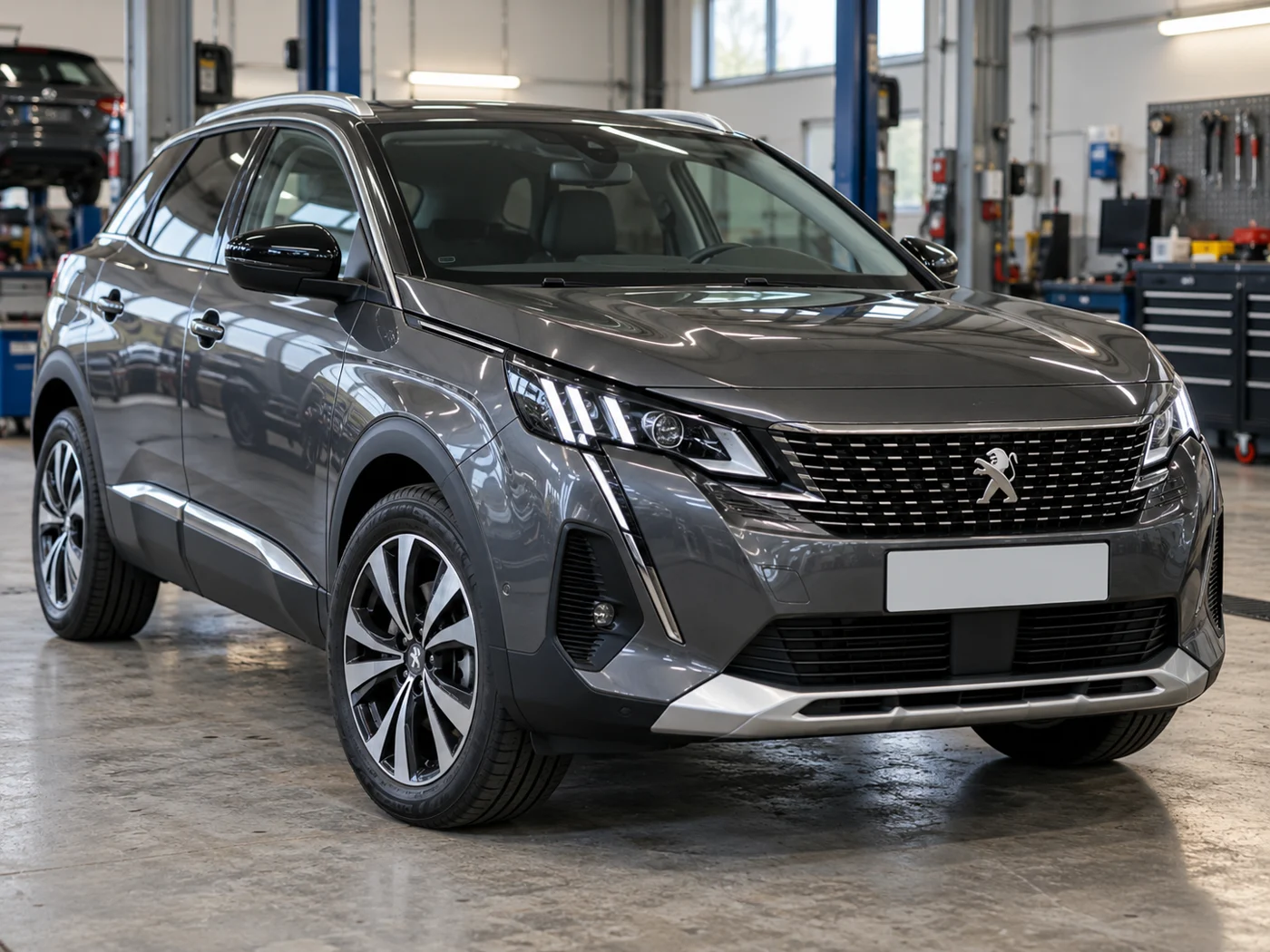 Dark grey Peugeot 3008 in a clean automotive workshop