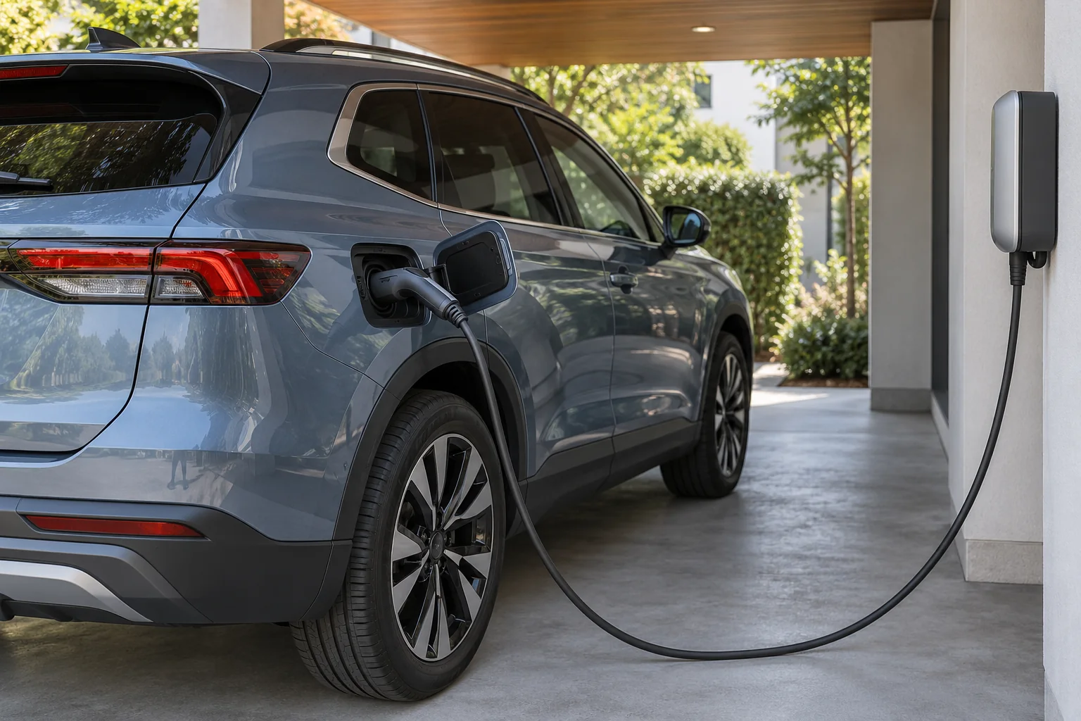 Charging cable connected to a parked plug-in hybrid crossover