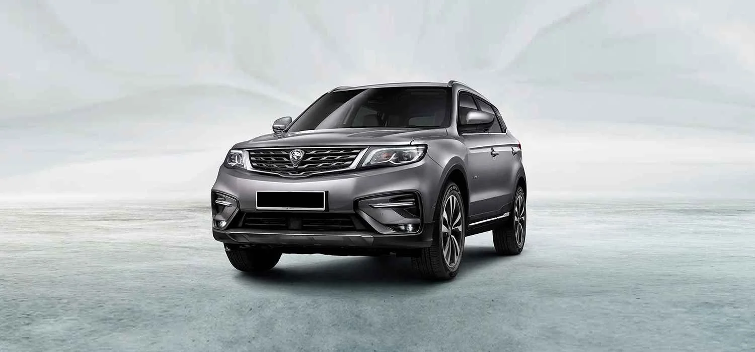 Silver Proton X70 viewed from the front and side