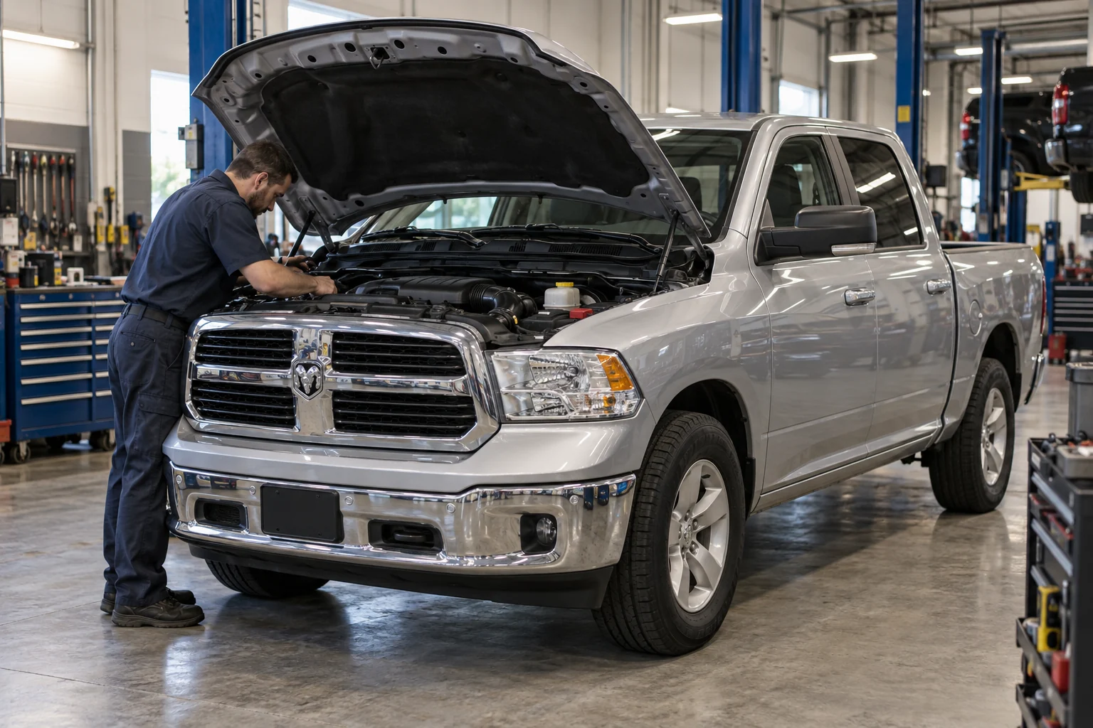 Ram 1500 engine checked at a repair workshop