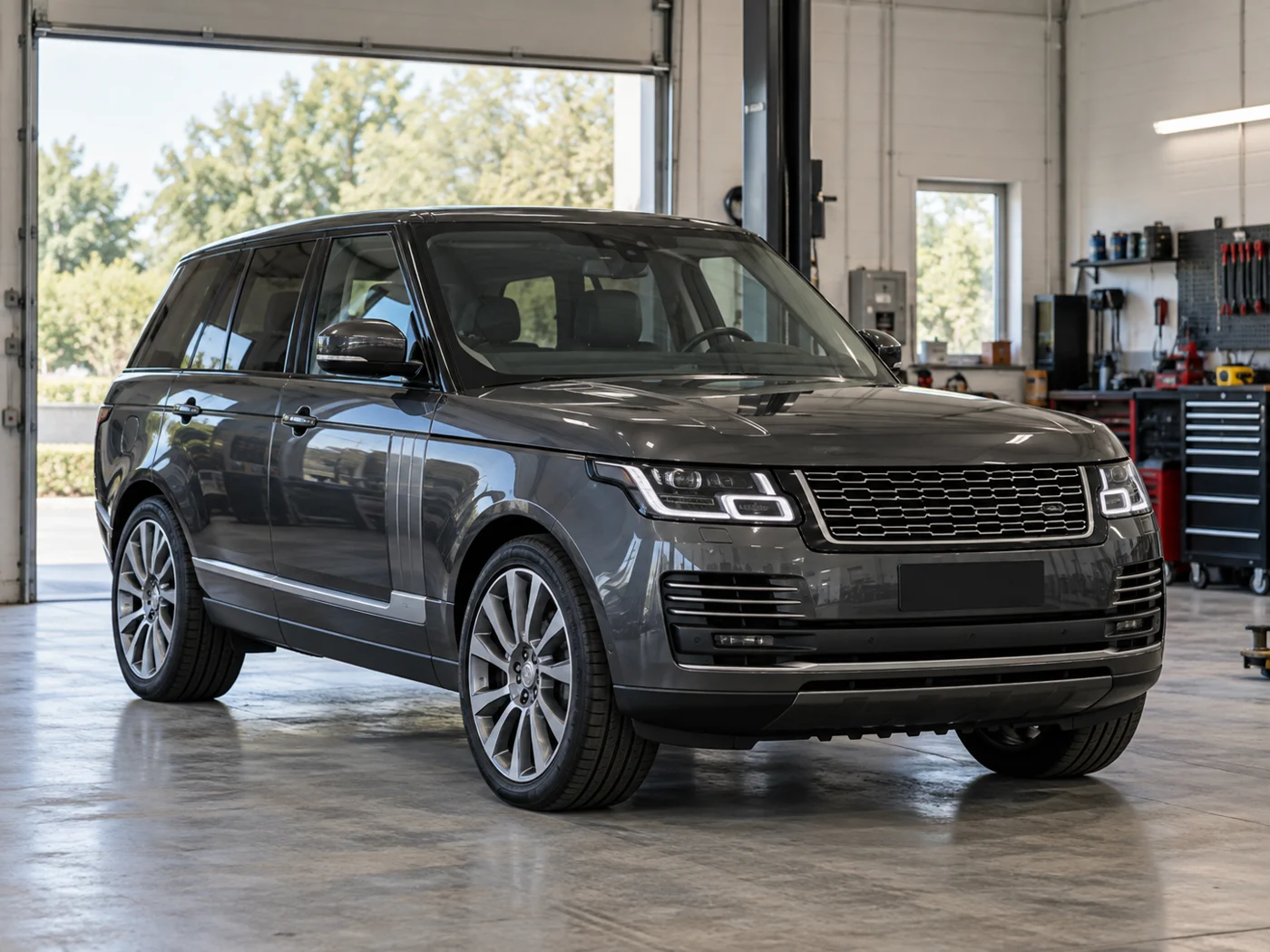 Range Rover vehicle inside a repair workshop