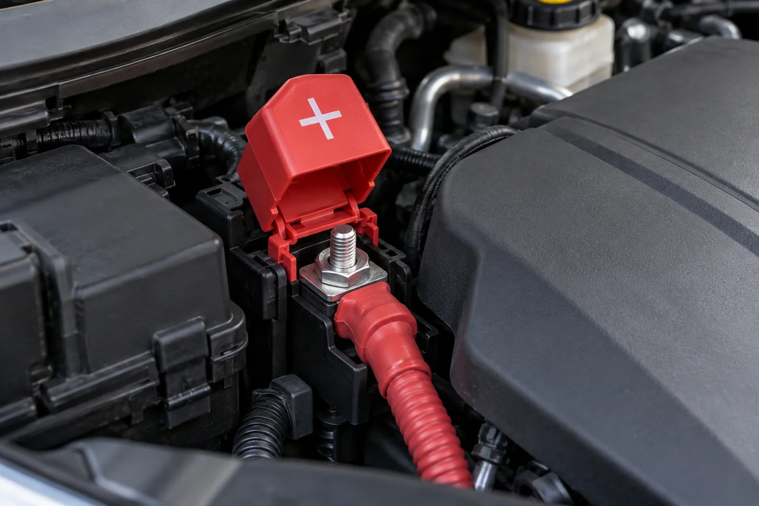 Red protective cap opened above a remote positive jump-start stud in an engine bay