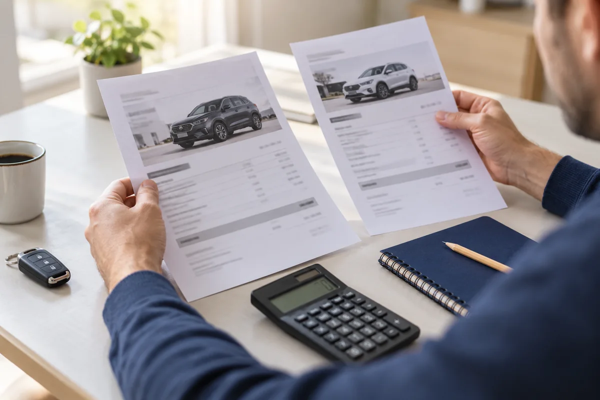 Adult comparing vehicle quotations beside a calculator and notebook