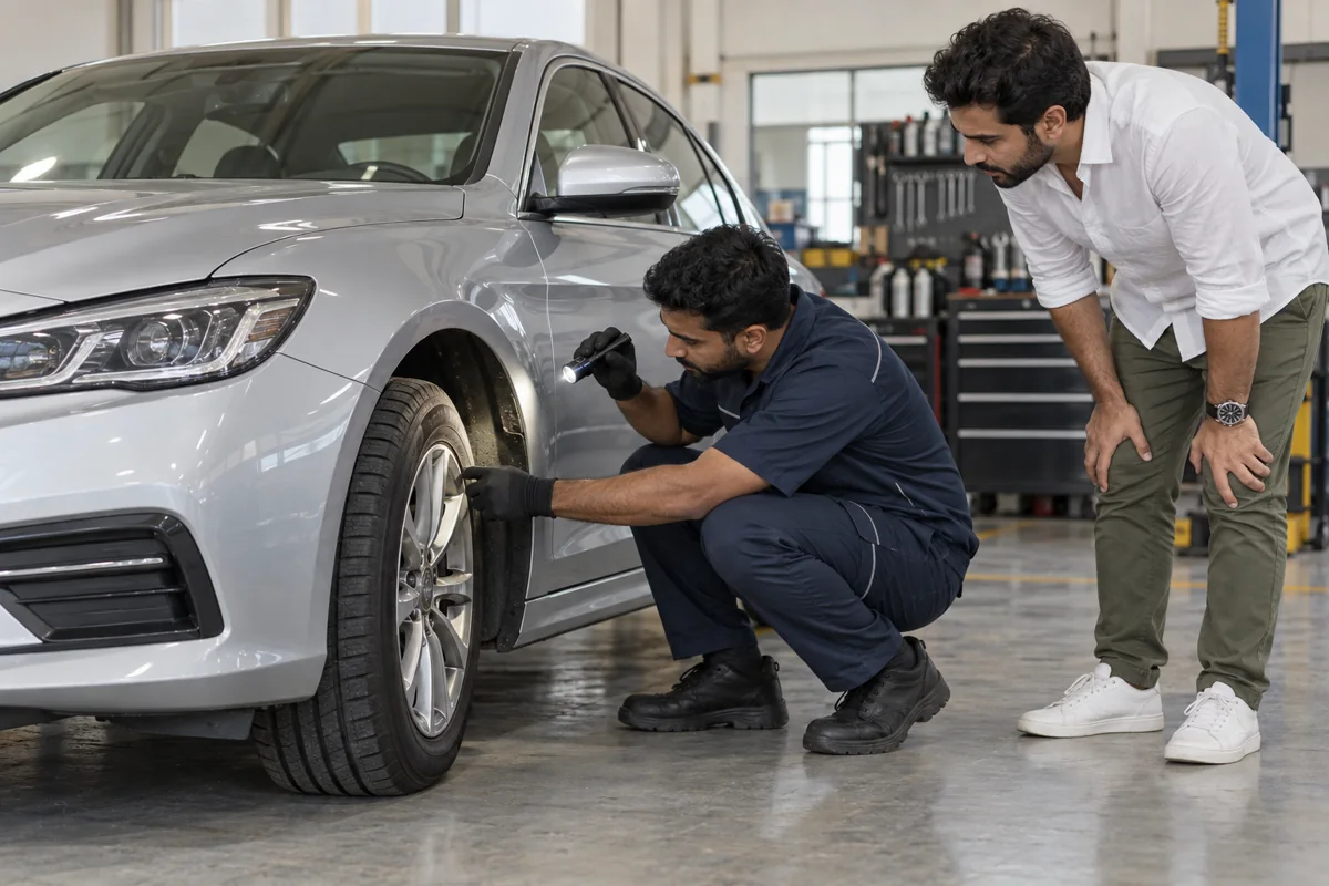 Mechanic inspecting a stationary sedan’s front wheel while a customer watches