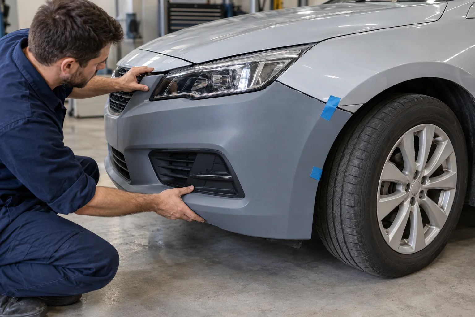 Technician checking an unpainted bumper cover against a silver car with temporary masking tape
