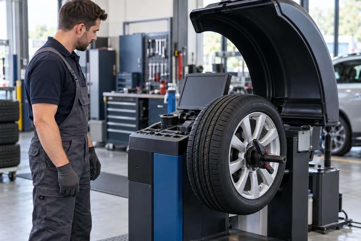 Replacement tyre and alloy wheel secured on a stationary balancing machine