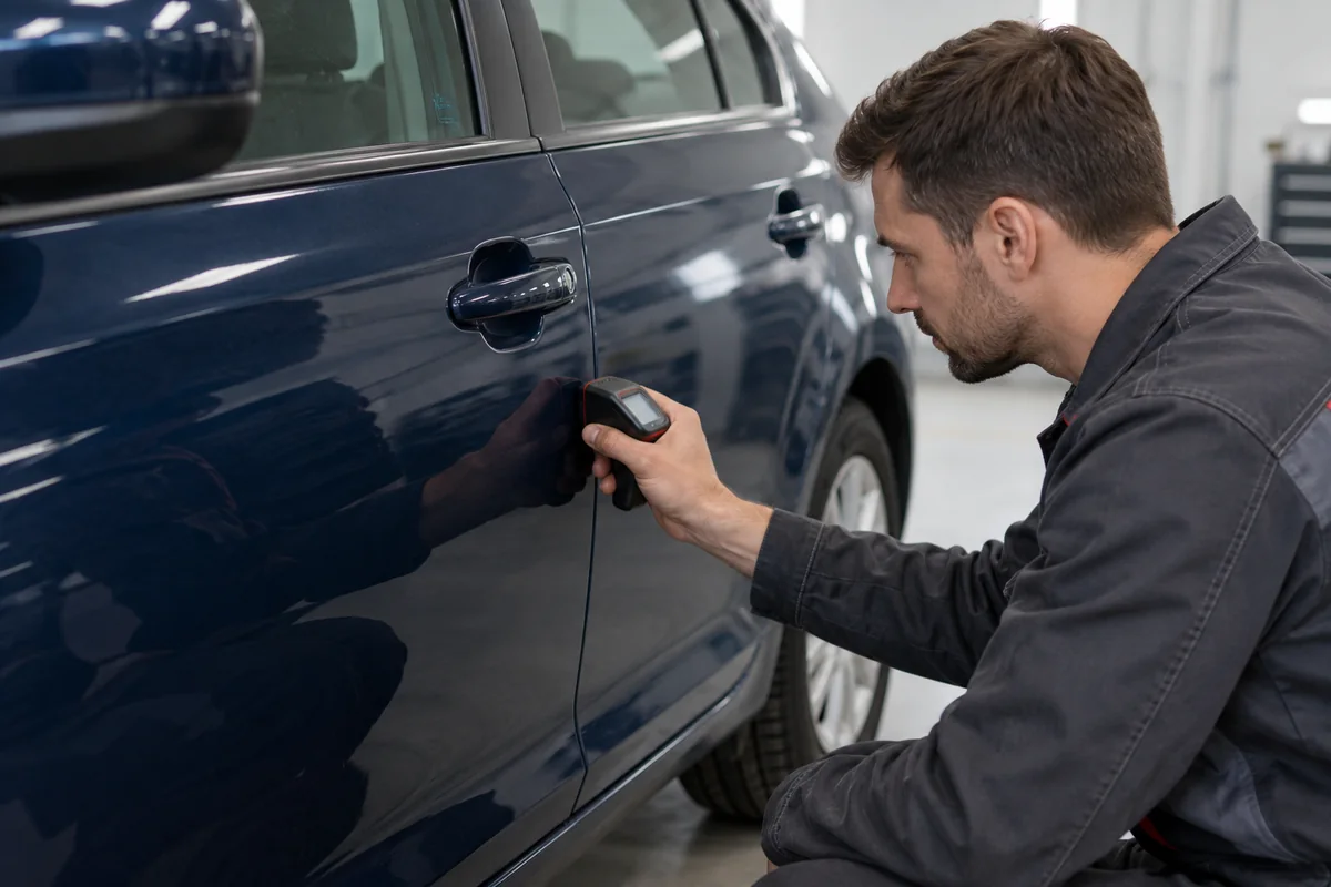 Inspector using a paint thickness meter on a used sedan's door panel