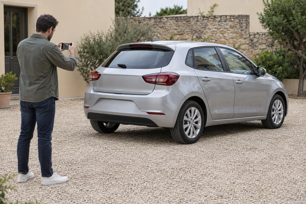 Car owner photographing a silver hatchback in a quiet courtyard