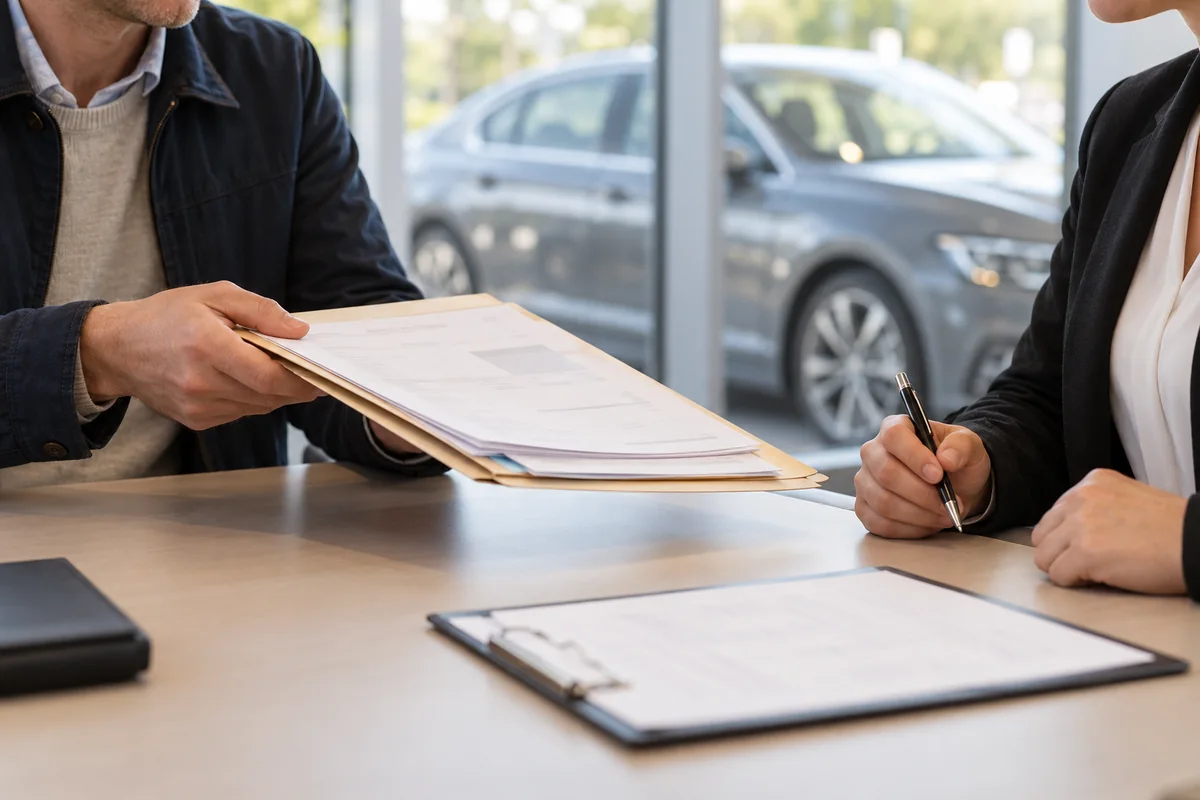 Two people reviewing a used car's service paperwork beside a showroom window