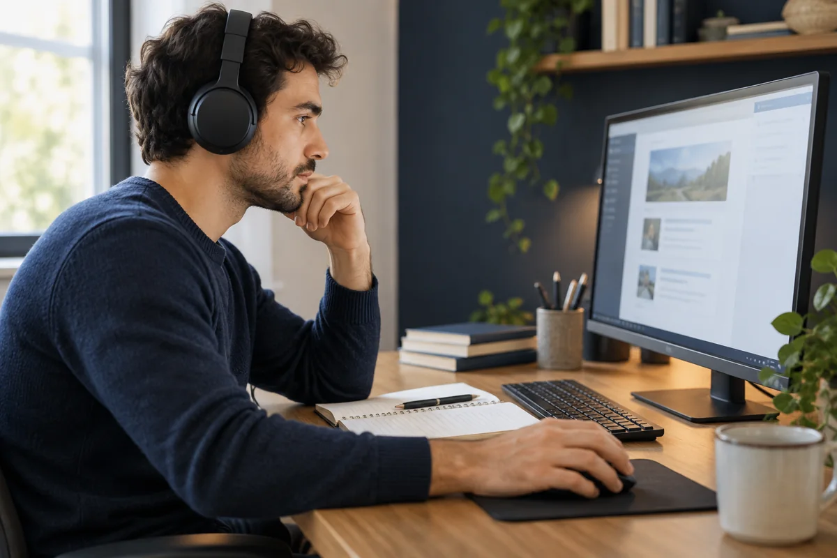 Adult learner using headphones while practising at a desktop computer