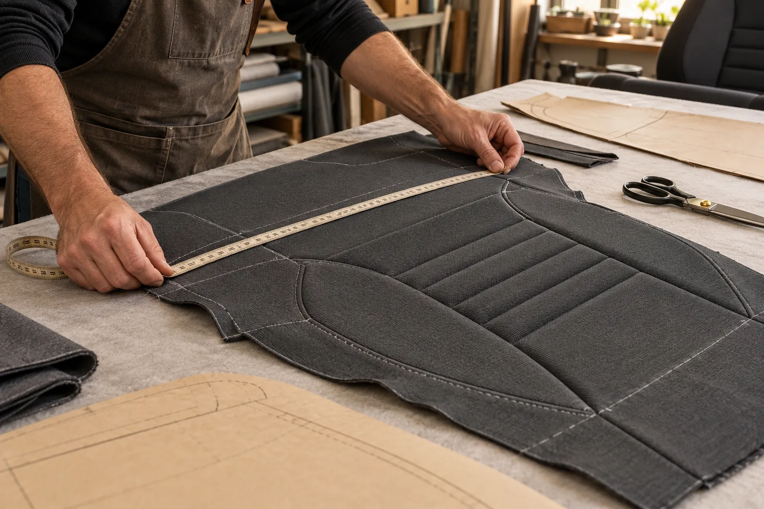 Upholstery material being measured and cut on a workshop table