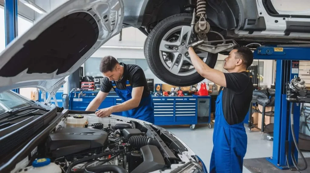 Technicians inspecting an engine bay and the underside of a raised car