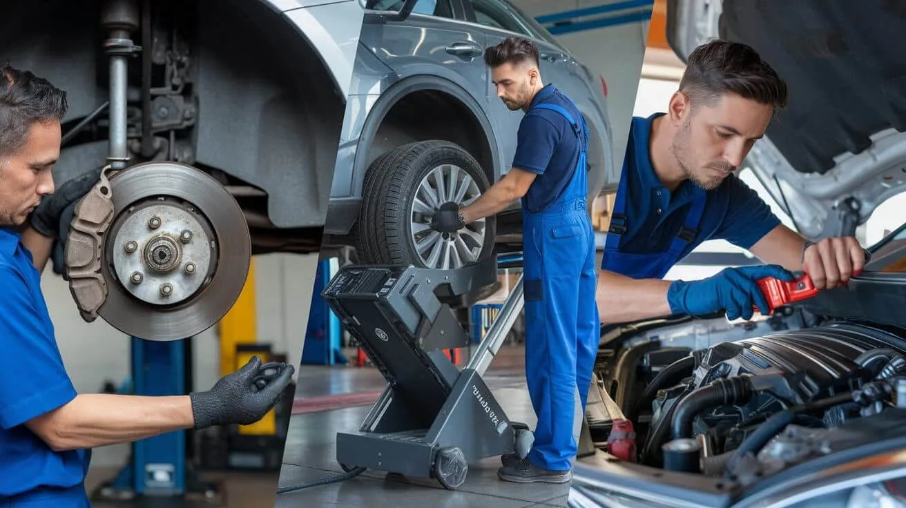 Brake disc, wheel and engine inspections shown in three workshop photographs