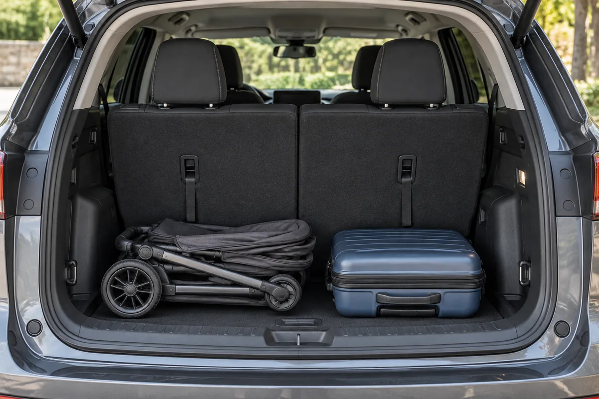 Folded stroller and small suitcase behind upright third-row seats
