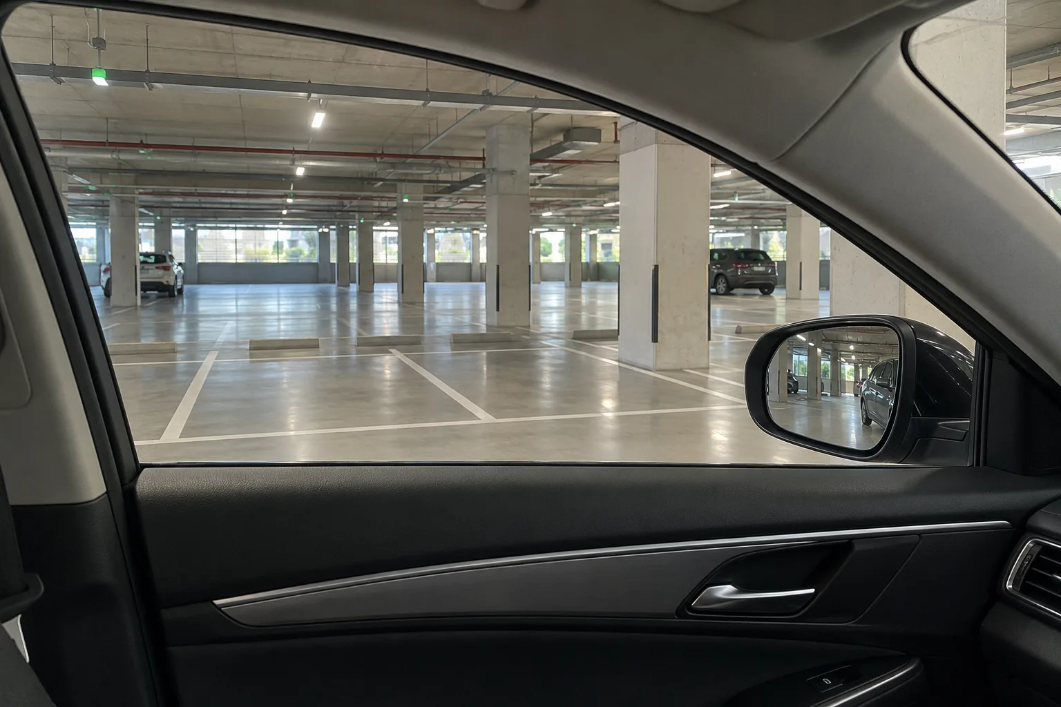 View through a closed passenger side window into an indoor parking area