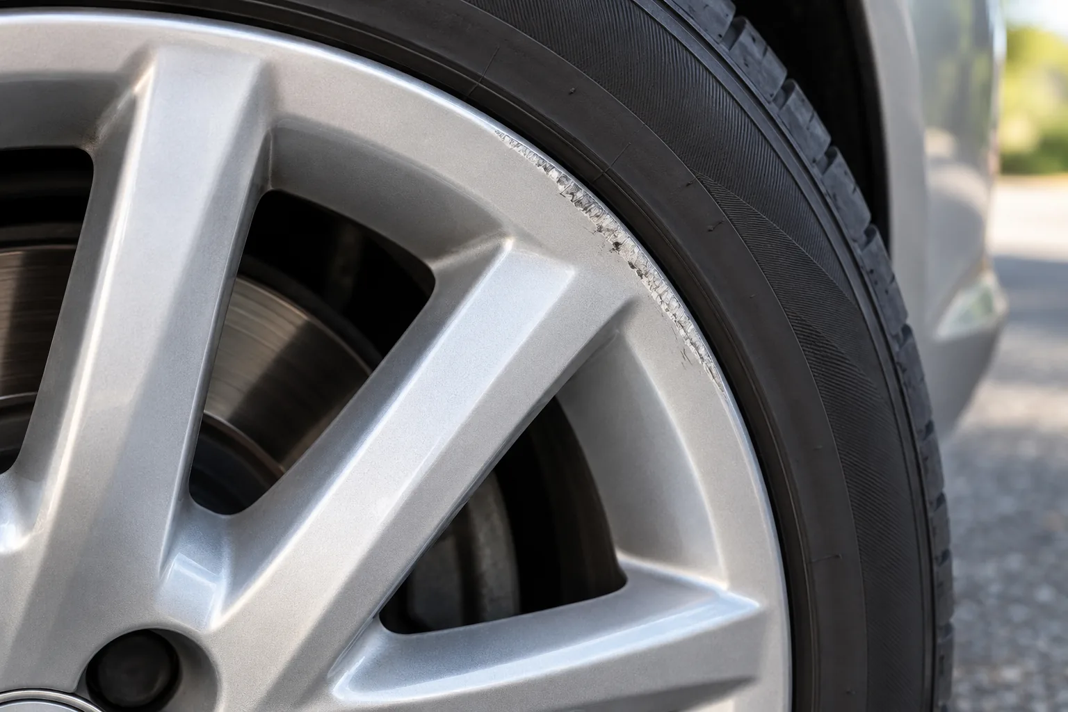 Surface scuff along the edge of a silver alloy wheel