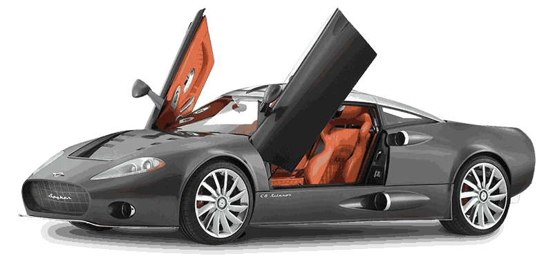 Silver Spyker sports car with its doors raised