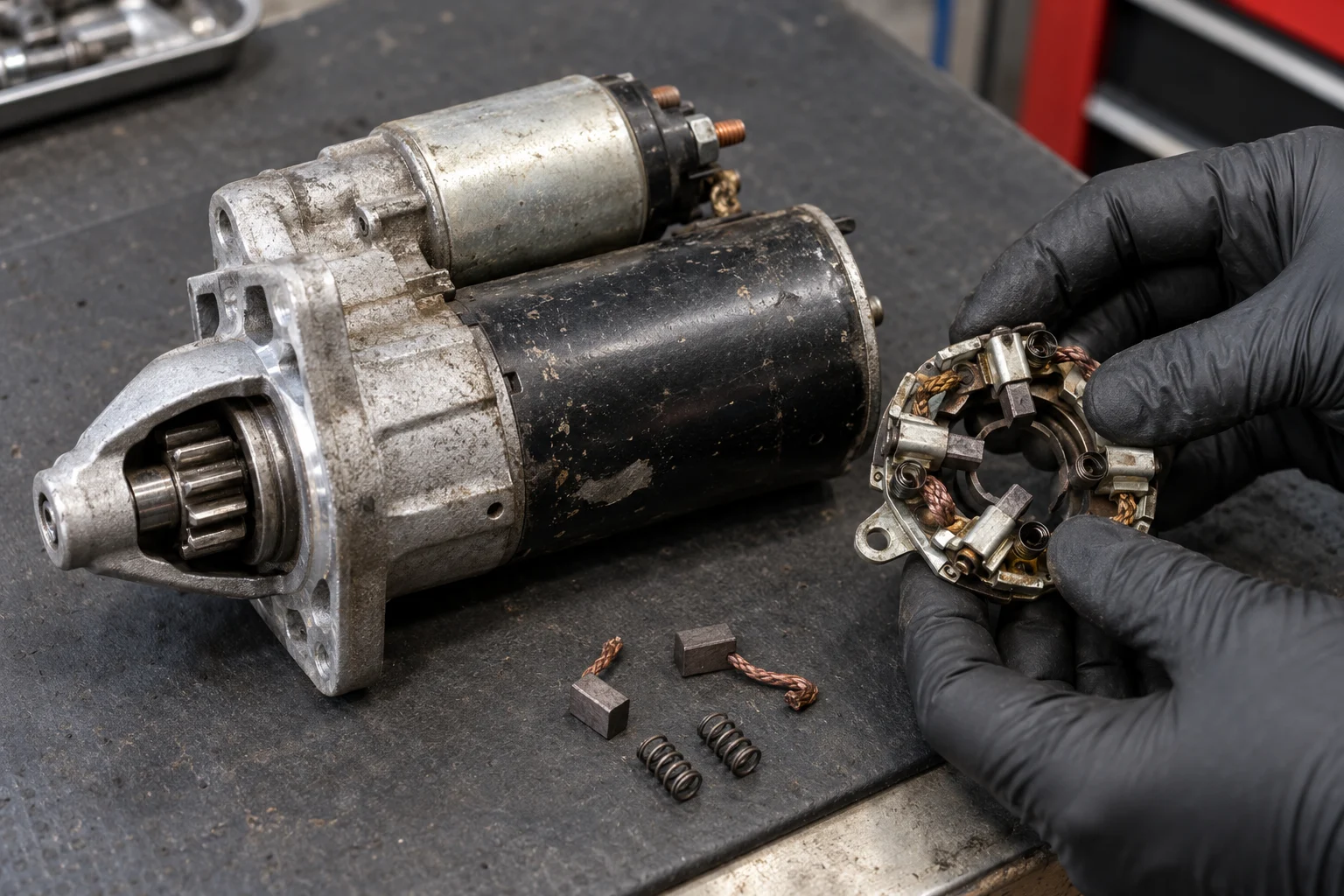 Starter motor beside a detached brush holder and carbon brushes